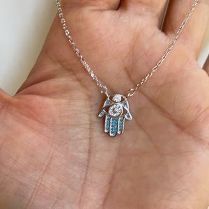 925 Sterling Silver Hamsa Blue CZ Necklace 16” 18”